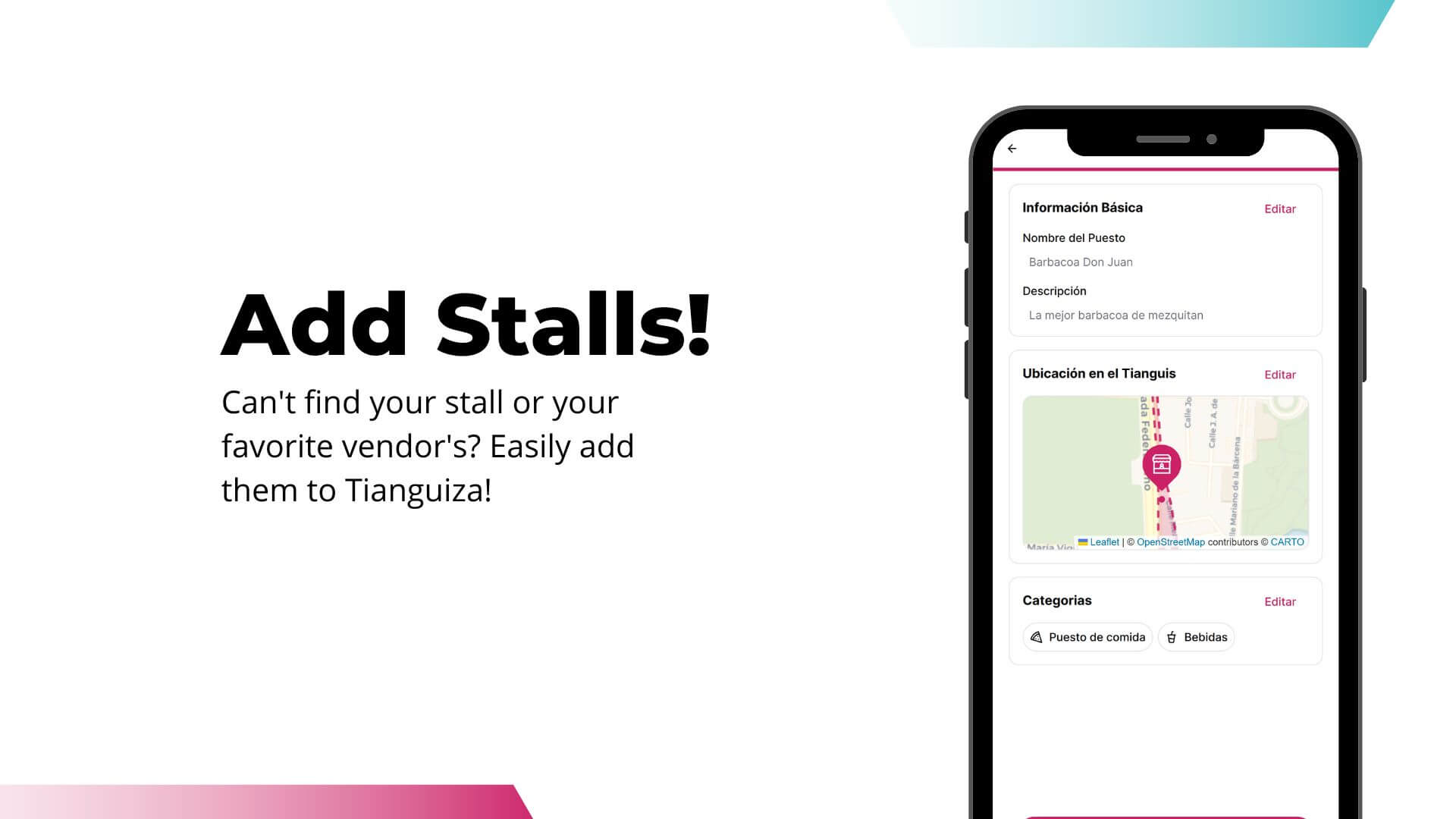 Can't find your stall or your favorite vendor's? Easily add them to Tianguiza!